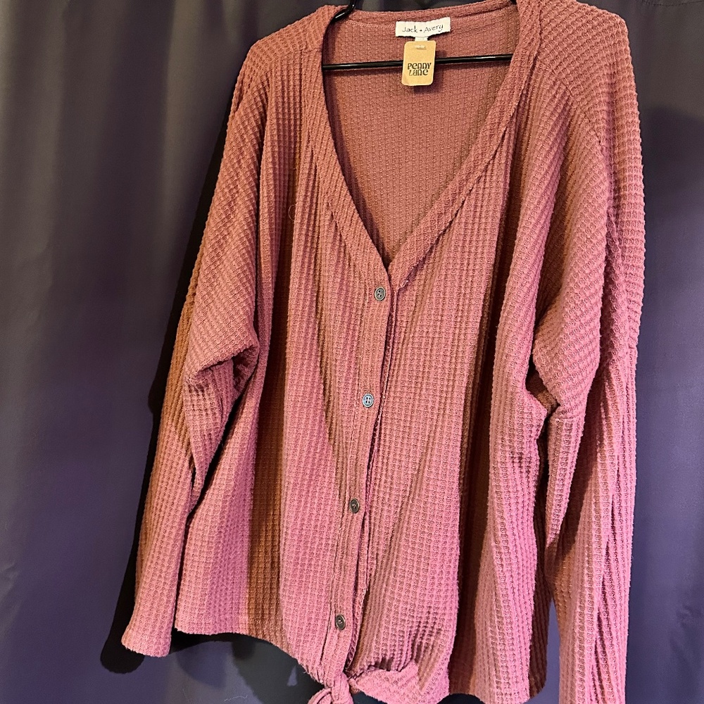 Jack + Avery Womens Waffle Knit Button Down Top Plus Size 2X Pink Tie Front NWT